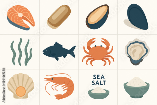 Chilean Seafood Vector Grid with Fish, Shellfish, and Marine Icons