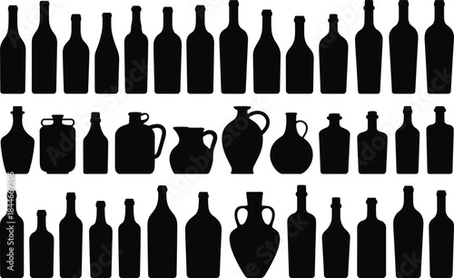 Alcoholic Drink Bottles, Jars, and Pitchers Silhouette Set, Assorted Glassware and Containers Vector Collection, Kitchen Storage Vessels Isolated Graphic, Liquid Packaging Black Shapes Design Elements