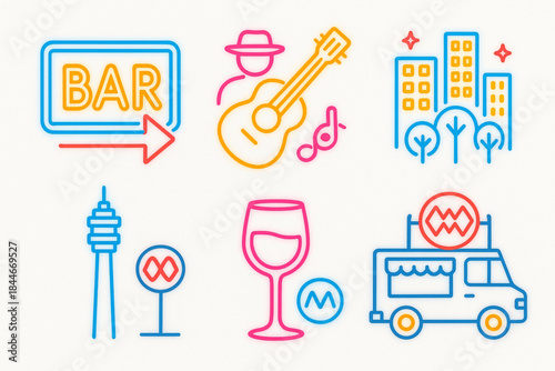 Chilean Nightlife Vector Icon Set with Bars, Music, City Lights, and Neon Style