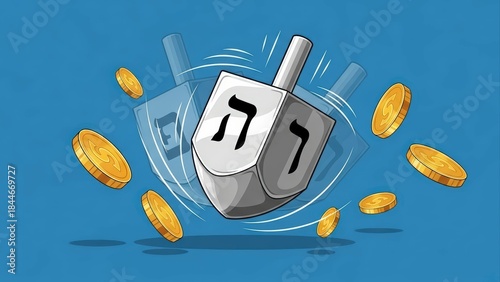 Hanukkah dreidel game with gelt coins on a blue background illustration.