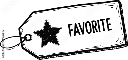 Hand-drawn simple tag with a star icon, doodle solid black on white, indicating favorite item, quick retail sketch