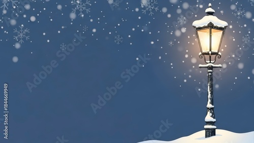 Snow-covered vintage street lamp glowing warmly on a cold winter night with falling snowflakes.