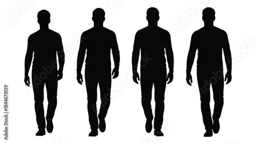 Four men walking forward a striking black and white image composition silhouette