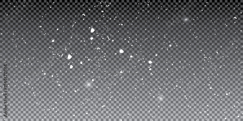 Snowflakes in air on transparent background. Snow overlay effects. Snow background. Heavy snowfall with frosty particles. Winter ambiance. Vector overlay for holiday designs.
