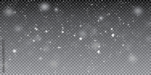Snowflakes in air on transparent background. Snow overlay effects. Snow background. Heavy snowfall with frosty particles. Winter ambiance. Vector overlay for holiday designs.