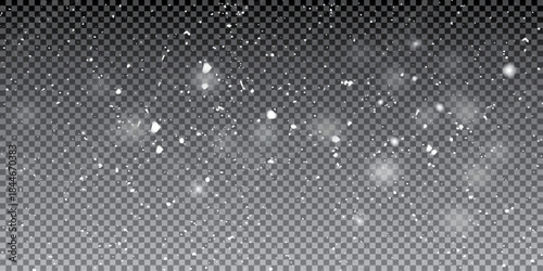 Snowflakes in air on transparent background. Snow overlay effects. Snow background. Heavy snowfall with frosty particles. Winter ambiance. Vector overlay for holiday designs.