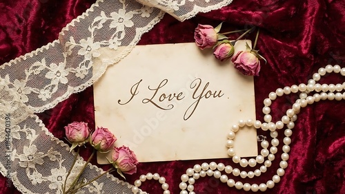 Wallpaper Mural I love you card surrounded by pearls lace and dried roses on red velvet fabric Torontodigital.ca