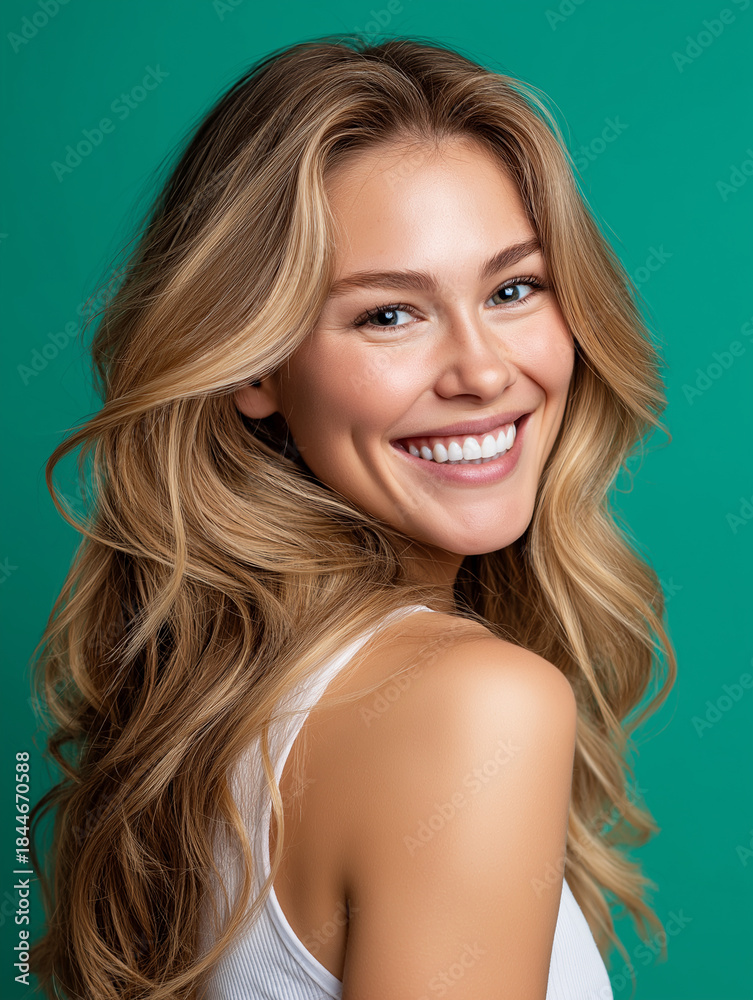 Fototapeta premium Lächelnde blonde Frau mit weißem Top vor grünem Hintergrund strahlt Fröhlichkeit aus