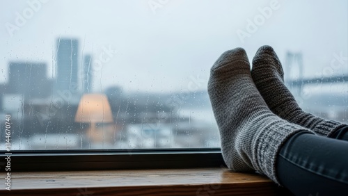 Cozy Socks and City View on a Gloomy Day.