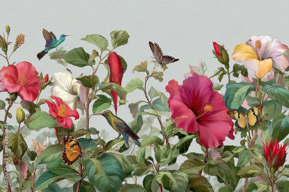 Naklejka premium Vibrant Tropical Hibiscus Garden with Hummingbirds and Butterflies
