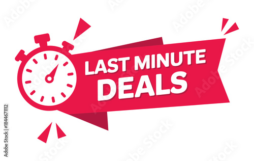 A dynamic red banner graphic promoting last minute deals with a stopwatch icon for urgency