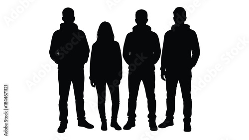 A group of four people standing together depicted as a striking black silhouette