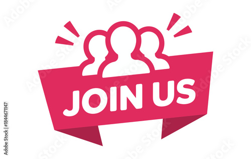 A stylized red banner icon with three people inviting new members to join a community