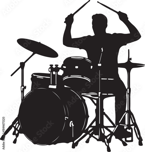Silhouette of a drummer playing a drum set with cymbals and bass drum also transparent background snare drum