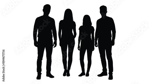 a group of four people standing together captured as a dramatic black silhouette