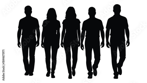 a group of five people walking forward captured as a striking black silhouette