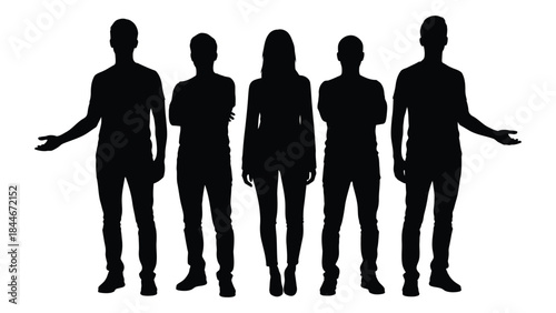 A group of five people standing together in a dark striking silhouette