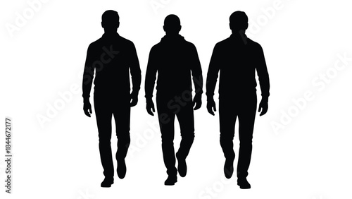 three men walking forward in a row dark shapes against a white background silhouette