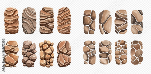 Set of cartoon stone walls and rock textures for game design or graphic resources.