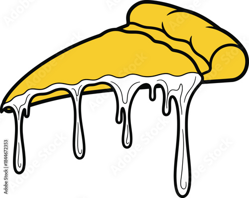 Black line drawing of pizza slice with dripping cheese pull, food craving solid yellow crust fill
