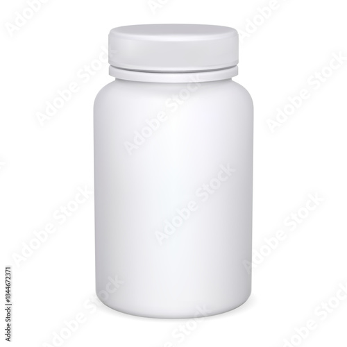 White medicine pill bottle, pharmacy tablet package isolated blank. Vitamin jar illustration, clean template for logotype. Empty prescription medication capsule can. Healthy cosmetic remedy