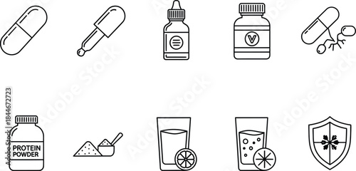Vitamins and supplements line icon set. Vector pictograms of capsule, droplet bottle, protein powder, orange juice, immune system shield