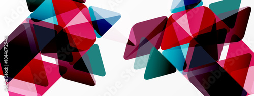 Abstract geometric shapes overlap, creating vibrant color blends. Pink, teal, black dominate composition. Modern design element.