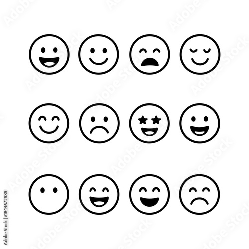 Collection of simple black and white emoticon icons expressing various emotions