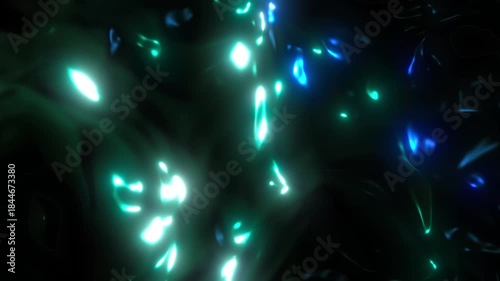 Abstract animation background featuring glowing blue and cyan light particles drifting through dark space, creating a futuristic and energetic atmosphere.