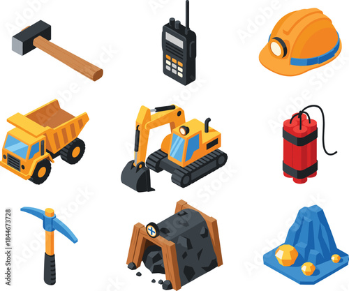 Flat design construction and heavy industry icon set including excavator, dump truck, factory, bricks, hard hat, mask, and mine cart, representing development, building, and engineering concepts.