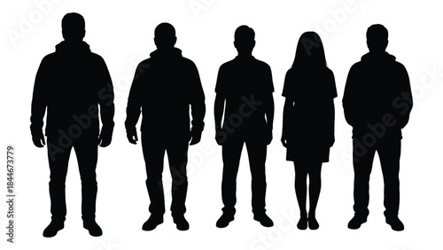 a group of five people standing together captured as a striking black silhouette