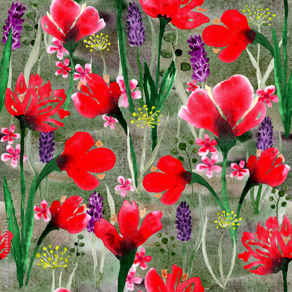 Obraz premium Hand drawn, watercolor wildflowers, watercolor background. Seamless floral pattern-1002.