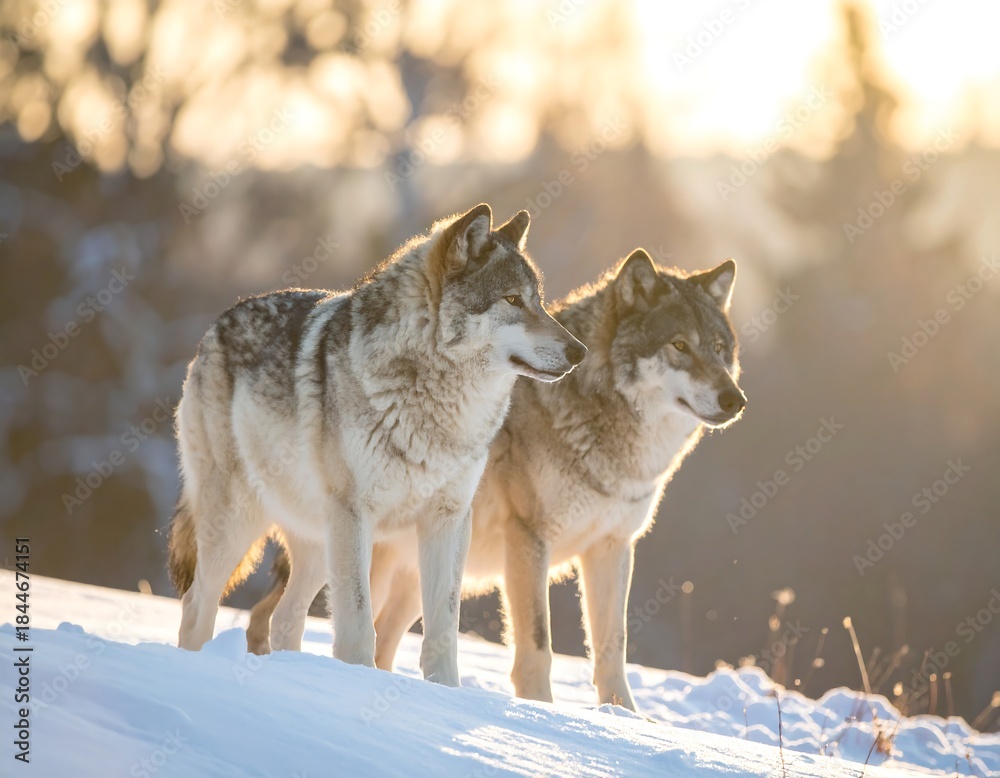 Obraz premium Two wolves in snowy landscape at dawn