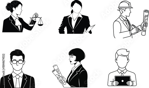 Title: A collection of six diverse professionals in various occupations including a lawyer an executive a construction worker and an architect