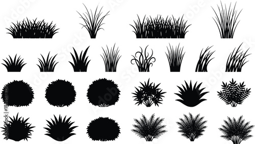 Grass silhouettes, bush shapes, foliage icons, black vegetation, landscape design, nature graphics, garden elements, plant outlines, stylized greenery, digital assets