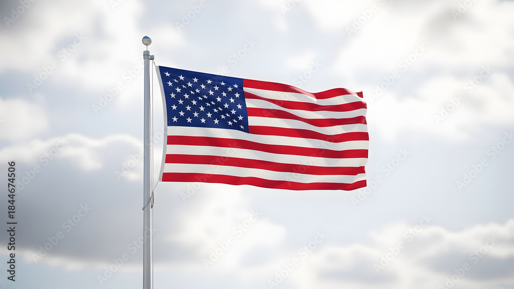 Naklejka premium The American flag proudly waves on a flagpole against a bright, cloudy sky, symbolizing patriotism and freedom.
