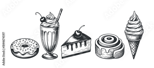 A delightful assortment of sweet treats including a milkshake cake slice donut ice cream and pastry