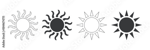 A collection of four distinct sun icons presented in varying styles of line and fill designs