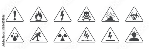 a collection of black and white triangular warning signs depicting various hazards and dangers for safety awareness