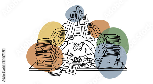 Exhausted office worker sleeping on desk surrounded by mountain of paperwork, burnout doodle vector