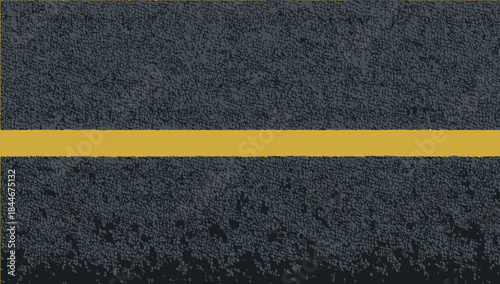 Detailed asphalt road surface with a single yellow traffic line. Cracked textured pavement background symbolizing transportation, road safety, urban infrastructure, travel, and direction concepts.