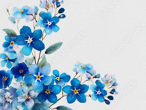 Elegant, chic, vintage border frame with blue forget me not flowers branches