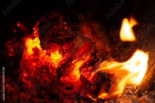 Photos Close-up of burning wood in the stove.
