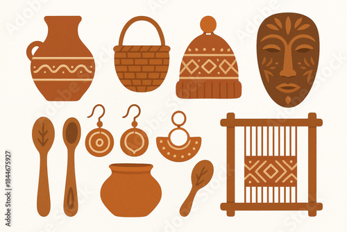 Chilean Artisan Crafts Vector Icon Set with Pottery, Baskets, Masks, and Handmade Objects