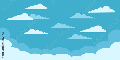 Cloud speech bubble on blue sky. Copy space with white blank hanging. paper art vector illustration.