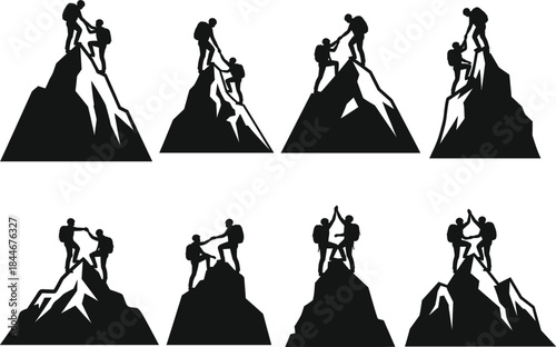Collection Collection of Climber Silhouettes on Mountain Peaks Illustrating Teamwork, Success, Partnership, and Mountaineering Adventures for Business, Sport