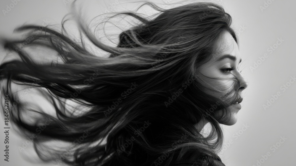 Fototapeta premium A woman stands in profile while her hair flows and moves. The setting is a studio with simple background and lighting. The focus is on her hair and expression.
