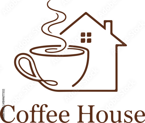Elegant coffee house branding featuring a steaming cup next to a comforting home silhouette