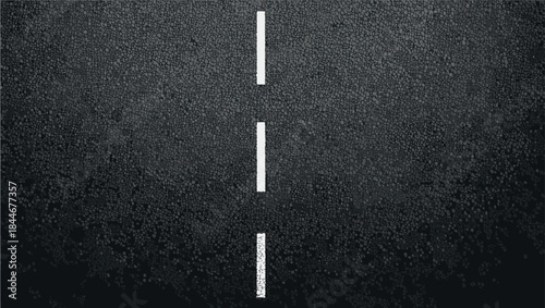 Vector of asphalt road surface with dashed white lane markings. Textured pavement background representing transportation, traffic flow, road safety, navigation, urban infrastructure, travel concepts.
