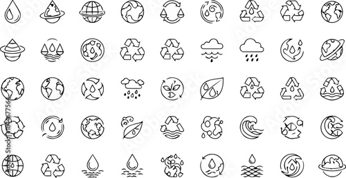 Water, Environment, and Ecology Minimal Line Icons Set: Recycling, Earth, Climate, and Fluid Flow Symbols.